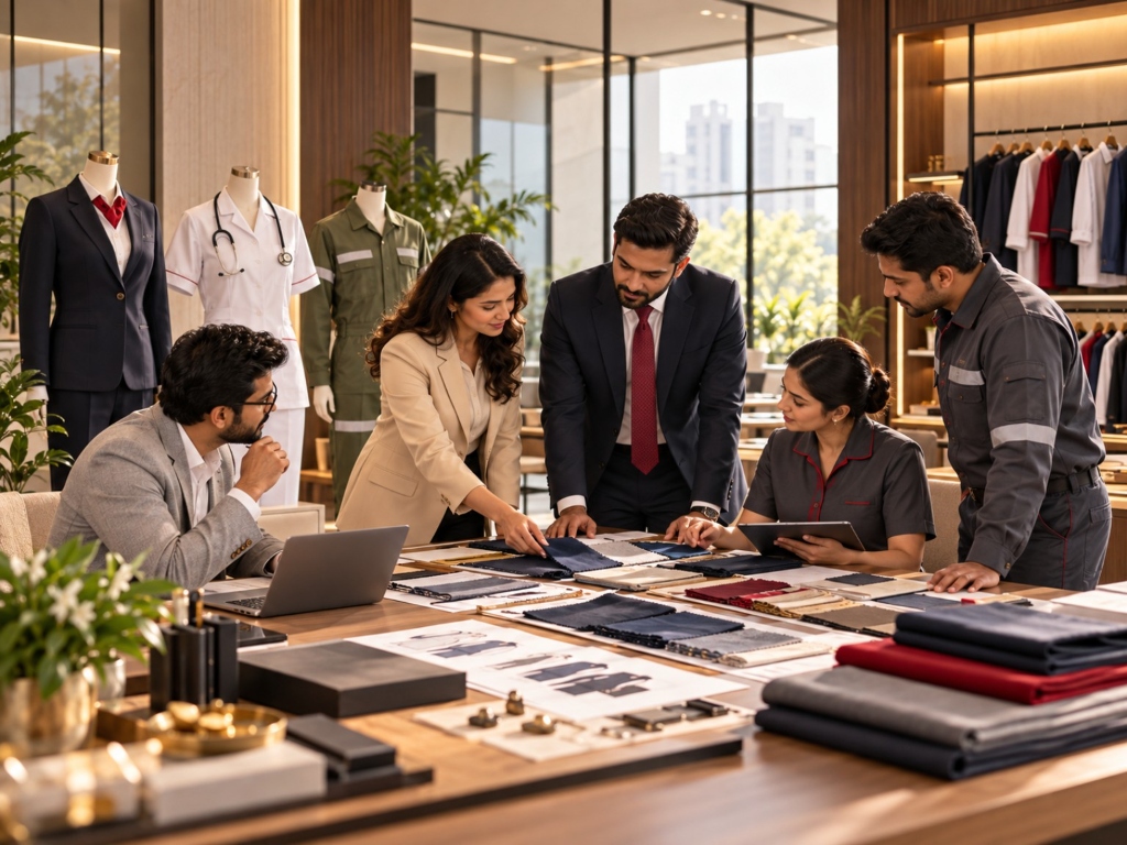 UNIWEAR team reviewing fabric samples in a premium showroom with corporate, healthcare, and industrial uniforms displayed